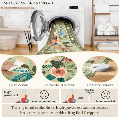 Floral 2x8 Area Rug Machine Washable Soft Print Boho Carpet Non Slip Doormat Low Pile Flower Area Rugs for Living Room Bedroom Nursery Kitchen Dining Room Indoor-Light Green