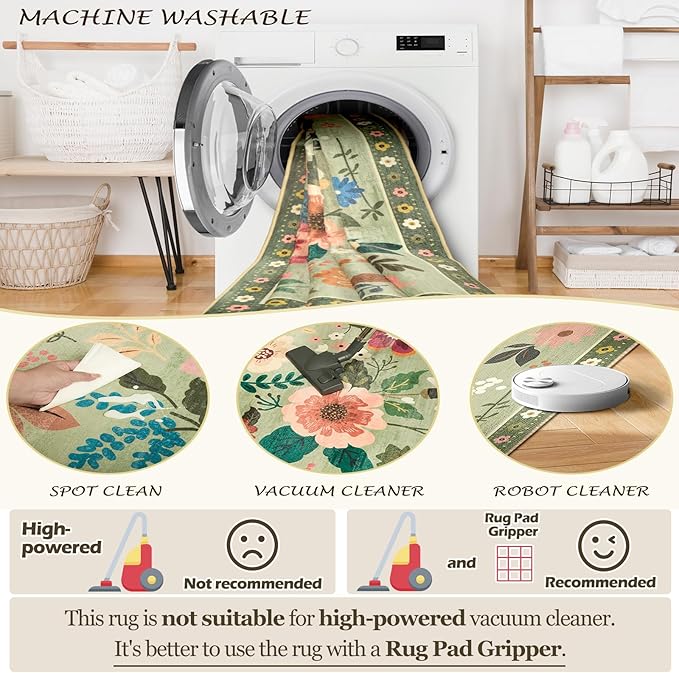 Floral 2x10 Area Rug Machine Washable Soft Print Boho Carpet Non Slip Doormat Low Pile Flower Area Rugs for Living Room Bedroom Nursery Kitchen Dining Room Indoor-Light Green
