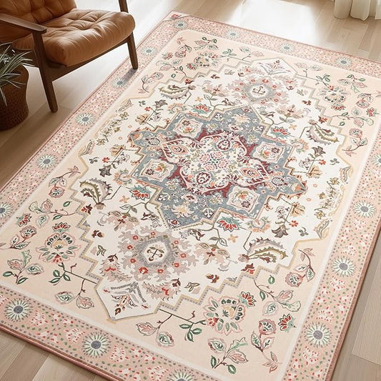 Phantoscope Washable Area Rug 5'x7' Non-Slip, Vintage Boho Rugs for Living Room, Bedroom, Dining Room, Persian Floral Medallion Pattern, Low-Pile Foldable Floor Carpet, Ivory Rose/Fall Bloom