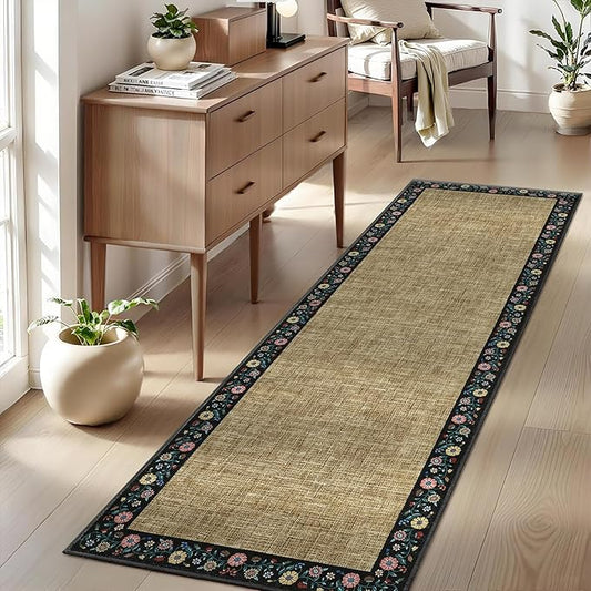 GarveeHome Entryway Rug 2x6 Modern Bordered Runner Rug Washable Kitchen Runners for Hallway Non-Slip Low-Pile Soft Carpet Floral Print Bathroom Mat for Bedroom Laundry Room, Yellow