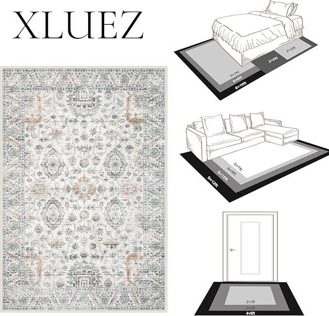 Area Rug 8x10 Living Room Rug, Machine Washable Vintage Distressed Boho Area Rug Non-Slip Soft Low Pile Large Indoor Rugs for Bedroom Kitchen Dining Room Office(Brown Green,8'x10')