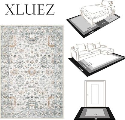 Area Rug 9x12 Living Room Rug, Machine Washable Vintage Distressed Boho Area Rug Non-Slip Soft Low Pile Large Indoor Rugs for Bedroom Kitchen Dining Room Office(Brown Green,9'x12')