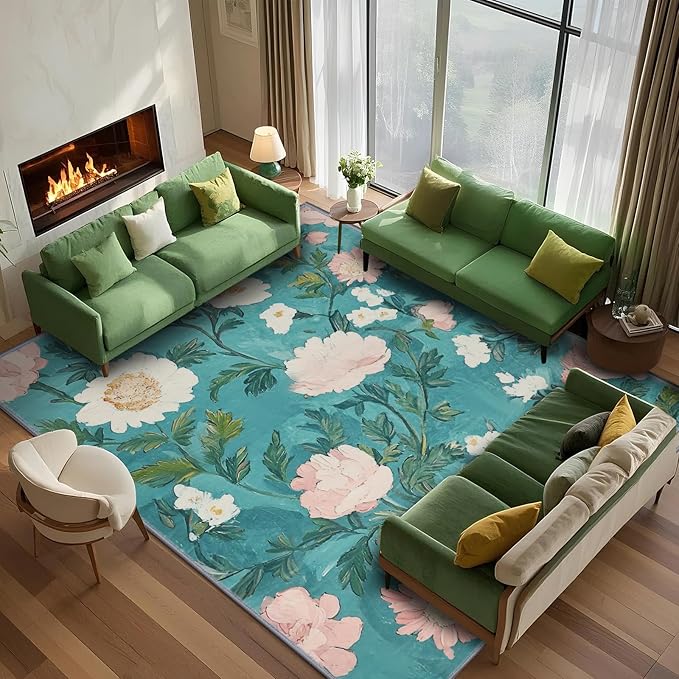 5x7 Floral Rugs, Modern Washable Flower Pattern Area Rug for Bedroom, Soft Large Non-Slip Door Mat Carpet for Living Room Office Dining Room - Teal Flower