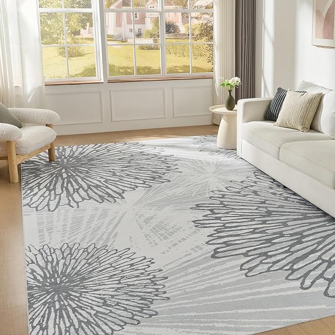 WITSHOCK 12x15 Washable Rug for Living Room,Modern Floral Distress Print Pattern Area Rugs,Stain Resistant with Non Slip Backing Carpet for Dining Room,Bedroom & Home Decor,Grey White