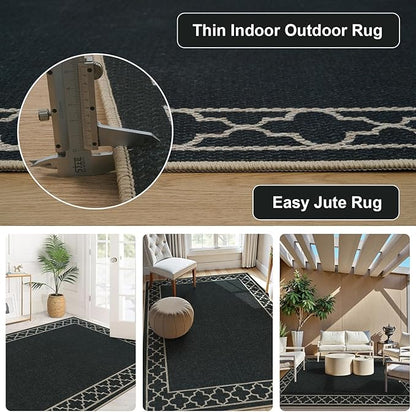 OJIA Easy Jute Outdoor Area Rug 8x10, Large Patio Rug Washable Living Room Rug Farmhouse Indoor Outdoor Carpet Bordered Modern Non-Slip Black Rugs for Bedroom Backyard Deck Decor