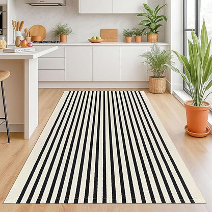 KOZYFLY Black and Beige Striped Rug 4x6 Ft Area Rug Washable Indoor Outdoor Rug Cotton Door Mat for Double Front Door Entryway Patio Porch Living Room Carpet