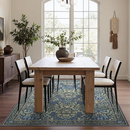 Bavni Floral Dark Blue Area Rugs 5x7, Vintage Boho Carpet Machine Washable, Non Slip Soft Low Pile Thin Rug for Bedroom, Living Room, Dining Room, Nursery