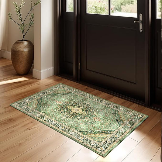 Green Area Rug Entryway Rugs for Bedroom Bathroom Kitchen - 2x3 Small Soft Rugs Low Pile Keep Off Rug Carpet Washable Rug Oriental Indoor Boho Area Rug Cute 2x3ft