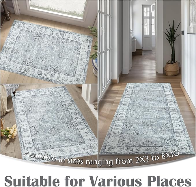 jinchan Fiora Hallway Runner Rug 3x10 Washable Runner - Vintage Floral Non Slip Low-Pile Soft Thin Faux Wool Kitchen Rug Distressed Carpet for Farmhouse Bedroom Laundry Room(3x10ft, Grey)