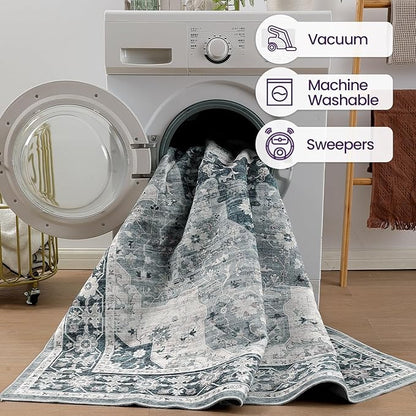 DEXI 4x6 Area Rug for Living Room, Washable Vintage Farmhouse Thin Rug Indoor Floor, Non Slip Stain Resistant Low Pile Carpet for Dining Room Bedroom Office, Blue Grey