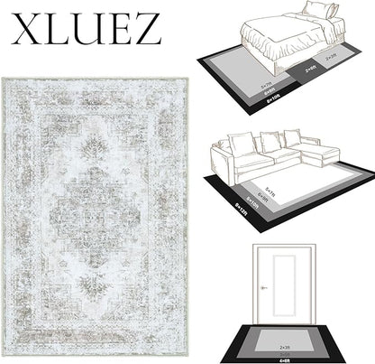 Area Rug 4x6 Vintage Rug, Machine Washable Vintage Distressed Medallion Rug Non-Slip Soft Low Pile Large Indoor Rugs for Bedroom Kitchen Dining Room Office(Taupe,4'x6')