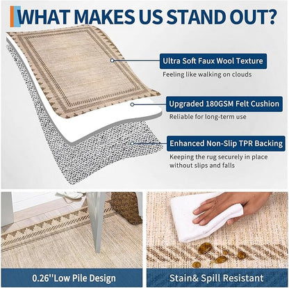 Bordered Printed Non Slip 2x6 Runner Rugs for Hallway Modern Geometric Washable Soft Long Kitchen Rug Stain Resistant Foldable Indoor Rug for Entryway Bedroom, Beige Brown