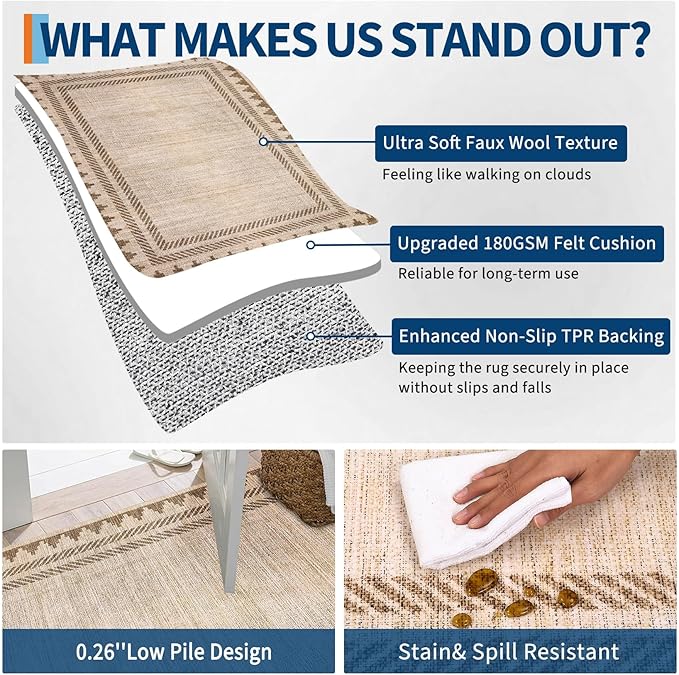 Geometric Bordered Washable 5x7 Area Rugs for Dining Room Bedroom Foldable Non Slip Soft Indoor Carpet Stain Resistant Modern Living Room Low Pile Rug with Rubber Back, Beige Brown