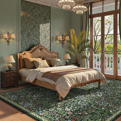 Lahome Floral Area Rugs 9x12 Living Room, Green Soft Bedroom Rugs Non Slip, Thin Dining Room Carpet, Non Shedding Print Carpets for Guestroom