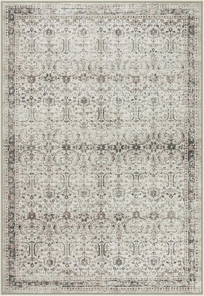 Moynesa Vintage Washable Grey 5x7 Living Room Rug, Neutral Area Rug for Bedroom Dining Room Kitchen, Low Pile Soft Non-Slip Retro Carpets for Office Indoor Nursery