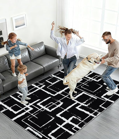 YIHOUSE Black Modern Geometric Area Rug 6x9, Black and White Rug with Abstract Rectangular Patterns,Non-Shedding Washable Rugs for Bedroom, Home Office and Living Room