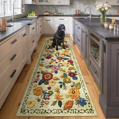 2'6''x8' Machine Washable Runner Rug, Kitchen Hallway Area Rug Green Vintage Boho Floral Ultra Non-Slip Low Pile Soft Faux Wool Carpet, Kids and Pets Friendly for Bedroom Entryway Nursery Decor Rug