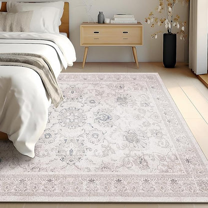 Phantoscope Washable Area Rug 8'x10' Non-Slip, Vintage Neutral Rugs for Living Room, Bedroom, Dining Room, Distressed Boho Floral Medallion Pattern, Low-Pile Foldable Floor Carpet, Cream Beige/Neutral