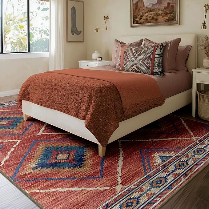 Area Rug 7x9 Rug Machine Washable Non-Slip Low Pile Print Pattern Western Rug for Living Room Bedroom Entryway Tribal Series-Red/Orange