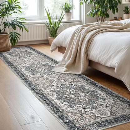 KOZYFLY Runners for Hallways 2x8 Ft Washable Kitchen Runner Rug Boho Entry Rug for Hallways Indoor Printed Faux Wool Long Floor Carpet for Entryway Bedroom Kitchen Hallway Use, Black/Taupe/Beige