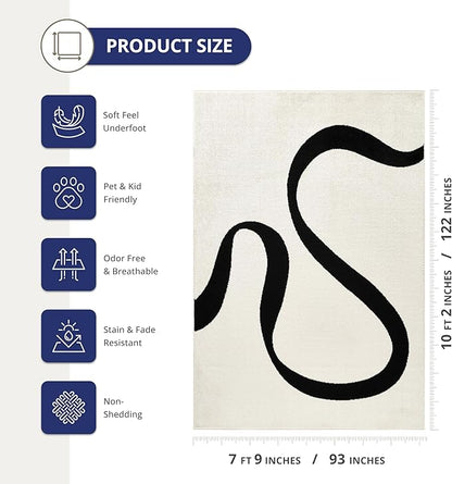 Abani Abstract Beige/Black Area Rug - 8'x10' - Modern Curved Line Design - Deco Collection - Easy to Clean - Durable for High Traffic Areas - Living Room, Dining Room - Medium Pile