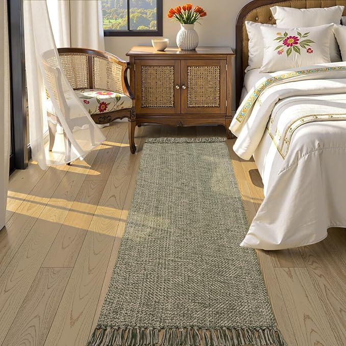 Collive Long Hallway Runner Rug 2.6' x 7', Washable Rugs Indoor Entryway Runner Rug, Modern Natural/Green Kitchen Runner Rugs Cotton Braided Low-Profile Bedroom Carpet for Laundry Room Bathroom