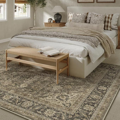 12x15 Brown Area Rug Vintage Living Room Bedroom Washable Carpet Non-Slip Soft Low Pile Distressed Extra Indoor Large Throw Rug for Dining Room Office