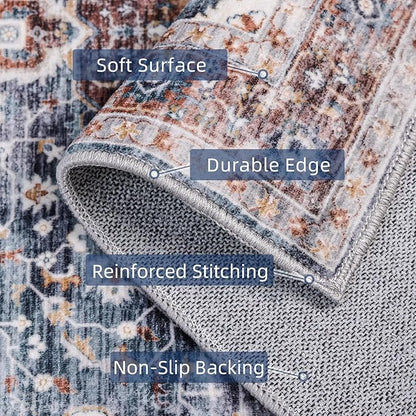 Boho Runner Rug 3x8 Low Pile Rug Runners for Hallway Kitchen Distressed Carpet Runner Rug Non-Slip Brown/Navy Blue