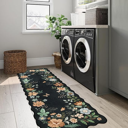 Lahome Floral Kitchen Runner, 2X6 Washable Runner Rug Non Slip Ultra-Thin, Soft Hallway Rug Stain Resistant Boho Small Low-Pile Carpet for ‎Laundry Bathroom Bedroom(2x6ft,Black/Grey)