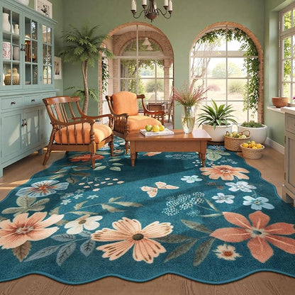 Lahome Floral Washable Rugs 8x10, Non-Slip Soft 8x10 Rugs for Living Room Bedroom, Ultra-Thin Stain Resistant Easy Clean Boho Blue Accent Carpet for Dining Room Office(8x10ft,Navy Blue)