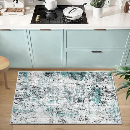 Ciicool Modern Abstract Area Rug 2x3 Washable Small Entryway Rugs, Non-Slip Low Pile Throw Rug, Foldable Kitchen Bathroom Rug, Teal Black Floor Carpet for Entrance Living Room Bedroom Indoor Door Mat