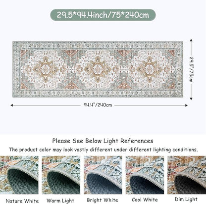 Moynesa Ultra-Thin Washable Runner - 2'6" x 8' Hallway Rug, Kitchen & Bathroom Carpet, Vintage Printed Low Pile Entryway Runner for Apartment, Camper, RV, Beige/Gold
