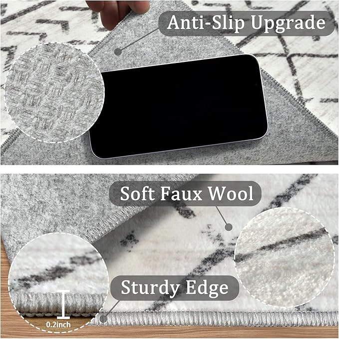 8x10 Machine Washable Area Rug for Living Room, Grey White Vintage Moroccan Rug Large Non-Slip Low Pile Soft Faux Wool Carpet, Kids and Pets Friendly for Bedroom Dining Room Farmhouse Home Decor Rug