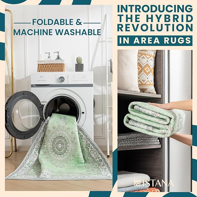 Istana 5x7 Area Rug - Green Rugs for Living Room 5x7 - Foldable Rugs for Bedroom - Stain Resistant Washable Rug - Eco-Friendly Boho Area Rugs - Easy to Clean Living Room Rug