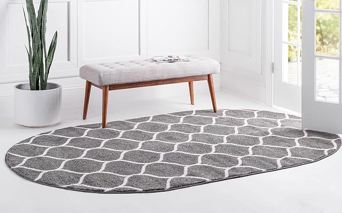 Rugs.com Lattice Frieze Collection Rug – 5' x 8' Oval Dark Gray Medium Rug Perfect for Living Rooms, Large Dining Rooms, Open Floorplans