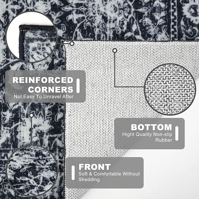 KILOCOCO Small Area Rug 2x3 Entryway Rugs Printed Vintage Moroccan Floral Washable Rug Non-Slip Kitchen Rug Indoor Door Mat, Accent Throw Small Rugs for Laundry Room Bedroom Entrance, Black/Navy/White