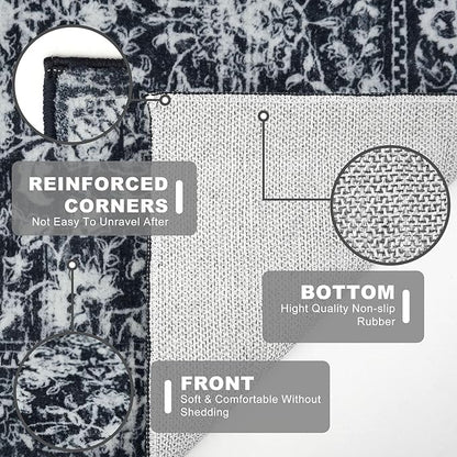KILOCOCO Small Area Rug 2x3 Entryway Rugs Printed Vintage Moroccan Floral Washable Rug Non-Slip Kitchen Rug Indoor Door Mat, Accent Throw Small Rugs for Laundry Room Bedroom Entrance, Black/Navy/White