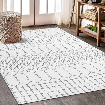 Lahome Moroccan Washable Living Room Rug - 3x5 Area Rugs for Bedroom Throw Non-Slip Low-Pile Entryway Rug Bathroom Rugs Soft White Distressed Indoor Capet for Office Kitchen Laundry Room Dining Room
