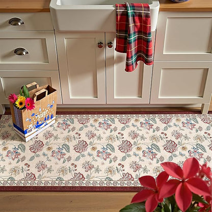 jinchan Elora 2x5 Floral Runner Rug for Hallway Washable Kitchen Runner Vintage Romance Design Non Slip Thin Indoor Floor Cover Low-Profile Throw Carpet for Entryway Bathroom Bedroom Porch, Red/Beige