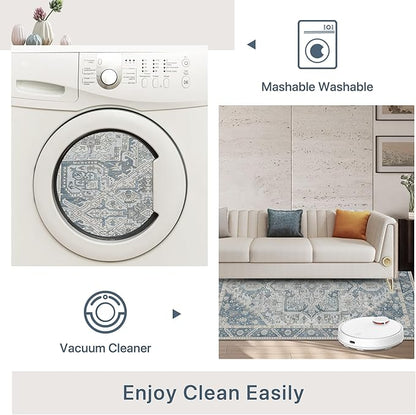 8x10 Area Rug Machine Washable Boho Rug for Living Room,Ultra-Thin Low Pile Carpet,Lightweight Indoor Printed Rug,Non Slip Floral Area Rug for Bedroom, Dining Room, Home Office,Light Blue