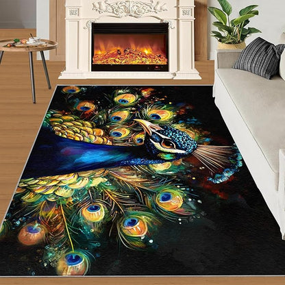 Peacock Rugs for Bedroom - 5x6 Area Rug - 3D Peacock Rugs for Living Room, Abstract Watercolor Animal Rug, Non-Slip Washable Home Decor Carpet