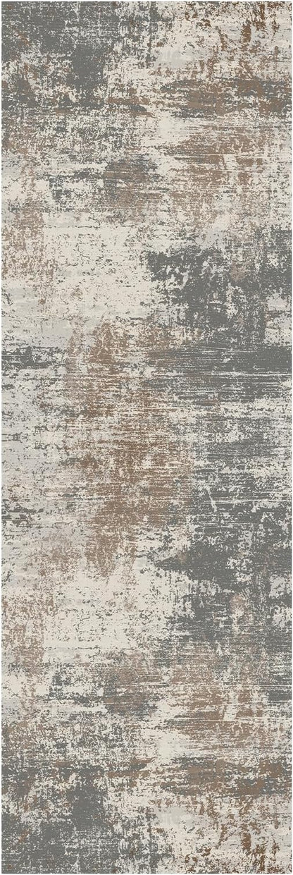 Ciicool 2'6"x10' Washable Runner Rug, Modern Abstract Hallway Rugs Runner, Non-Slip Thin Accent Rug Lightweight Grey Brown Distressed Carpet Runners for Laundry Entryway Bedroom Kitchen Indoor