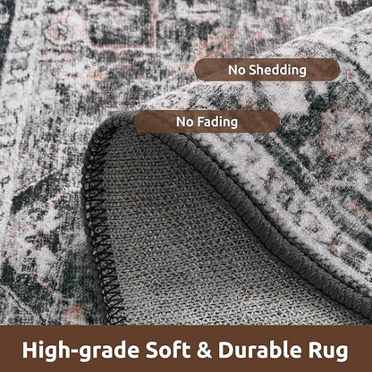 AMOAMI-2X6 Runner Rug-Washable Runners for Hallways-Soft Non Slip Bedside Rugs for Bedroom-Vintage Long Rug for Hallways Entryway Laundry Room Stair Kitchen Bathroom Dark Grey & Black