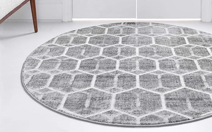 Rugs.com Lattice Trellis Collection Rug – 3 Ft Round Gray Low-Pile Rug Perfect for Kitchens, Dining Rooms