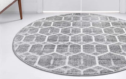 Rugs.com Lattice Trellis Collection Rug – 3 Ft Round Gray Low-Pile Rug Perfect for Kitchens, Dining Rooms