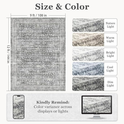 Vintage Neutral Large Area Rugs 9x12 for Living Room, Retro Grey Carpet Rug for Bedroom Dining Room, Washable Rug with Rubber Backing Low Pile Thin Soft for Family Room