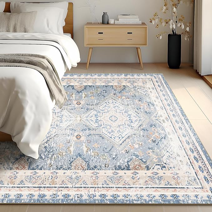 Phantoscope Washable Area Rug 9'x12' Non-Slip, Vintage Neutral Rugs for Living Room, Bedroom, Dining Room, Distressed Boho Geometric Medallion Pattern, Low-Pile Foldable Floor Carpet, Dusty Blue/Multi