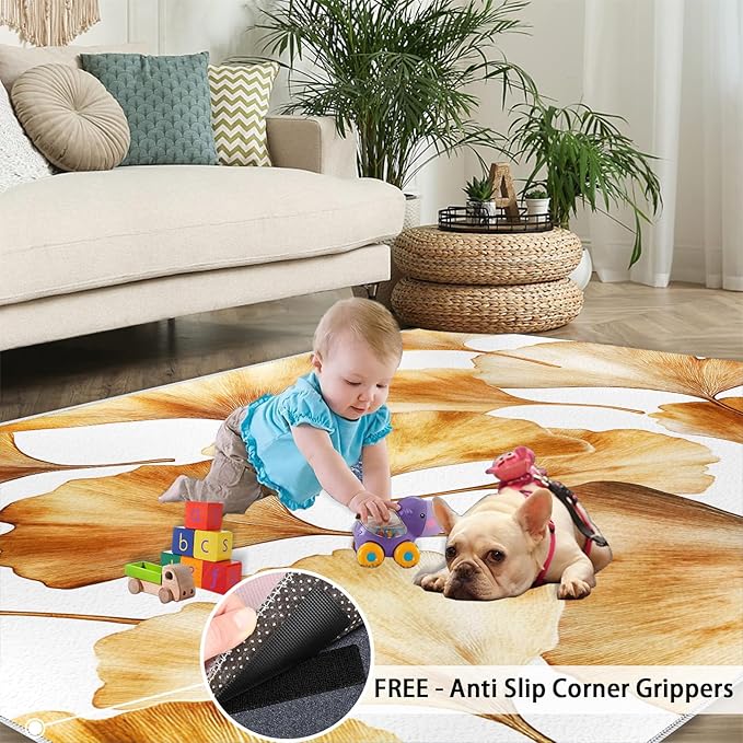 Golden Leaf Rugs for Bedroom - 3x4 Area Rug - 3D Ginkgo Leaf Rugs for Living Room, Modern Simple Art Rug, Non-Slip Washable Home Decor Carpet