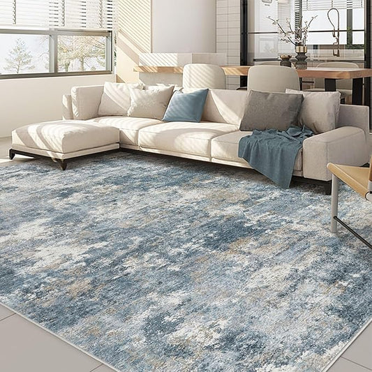 Nakagishi 9x12 Area Rugs Living Room: Washable Abstract Large Neutral Soft Rug Stain Resistant Modern Indoor Floor Non-Slip Carpet for Bedroom Nursery Kids Playroom Office Dining Room Dorm-Blue Brown