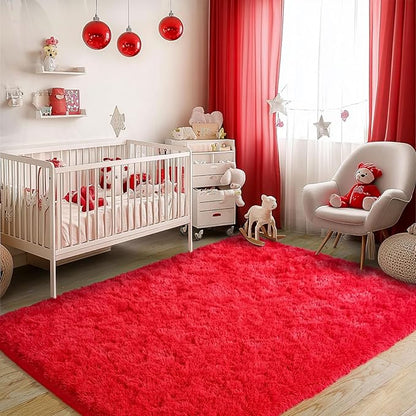 Red Fluffy Rug Plush Carpet for Bedroom Dorm, Non-Slip High Pile Rug, Shag Rug for Playroom Nursery Home Office Decor 8X10 Ft